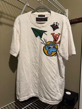Louis Vuitton White Short Sleeve Graphic Logo Tee with Multicolor Patches